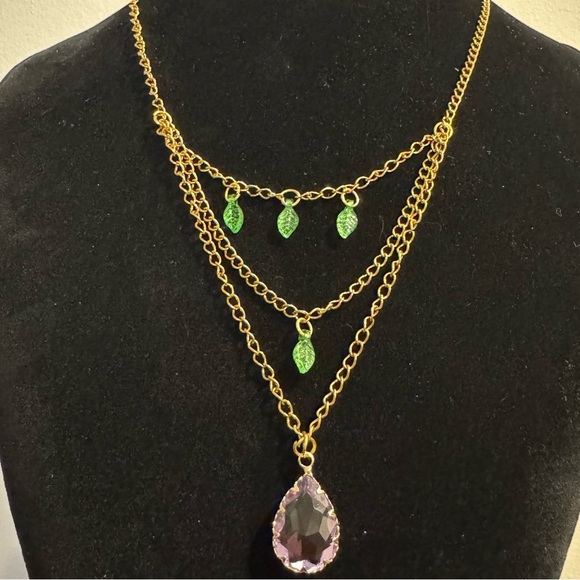Fairycore Purple Ombre Crystal Pendant Green Leaf Necklace - Picture 6 of 16